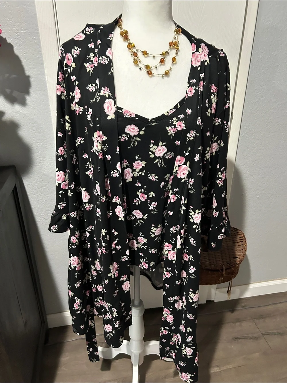 3 piece Laura Ashley Black Floral Cami & Shorts Pajama Set - Pink Roses